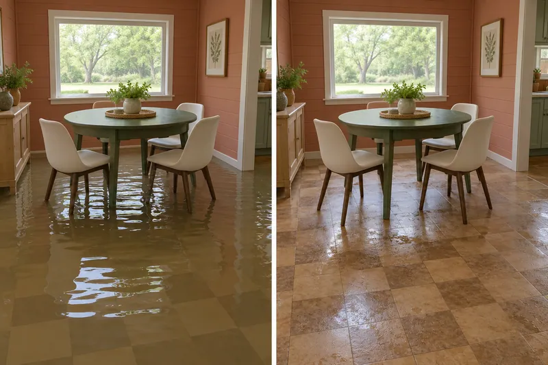 Water Extraction in Midlothian — matched room before bulk collection and afterward with damp flooring