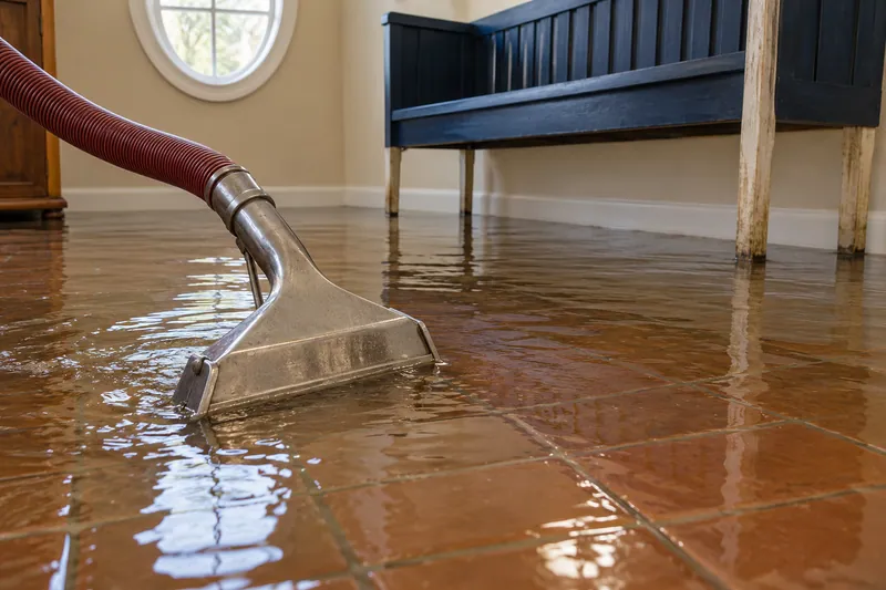 Water Extraction in Midlothian — extraction head and burgundy hose over pooled terracotta flooring