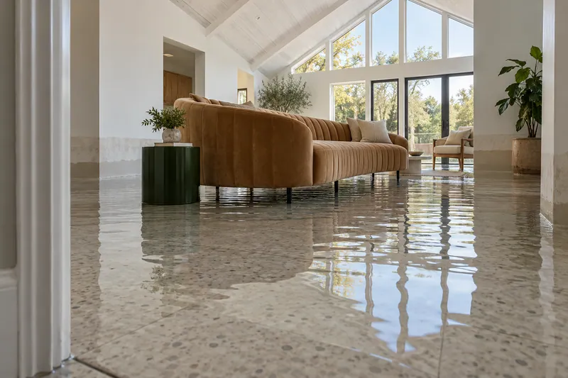 Water Extraction in Midlothian — standing pool with partly submerged sofa feet beneath clerestory windows